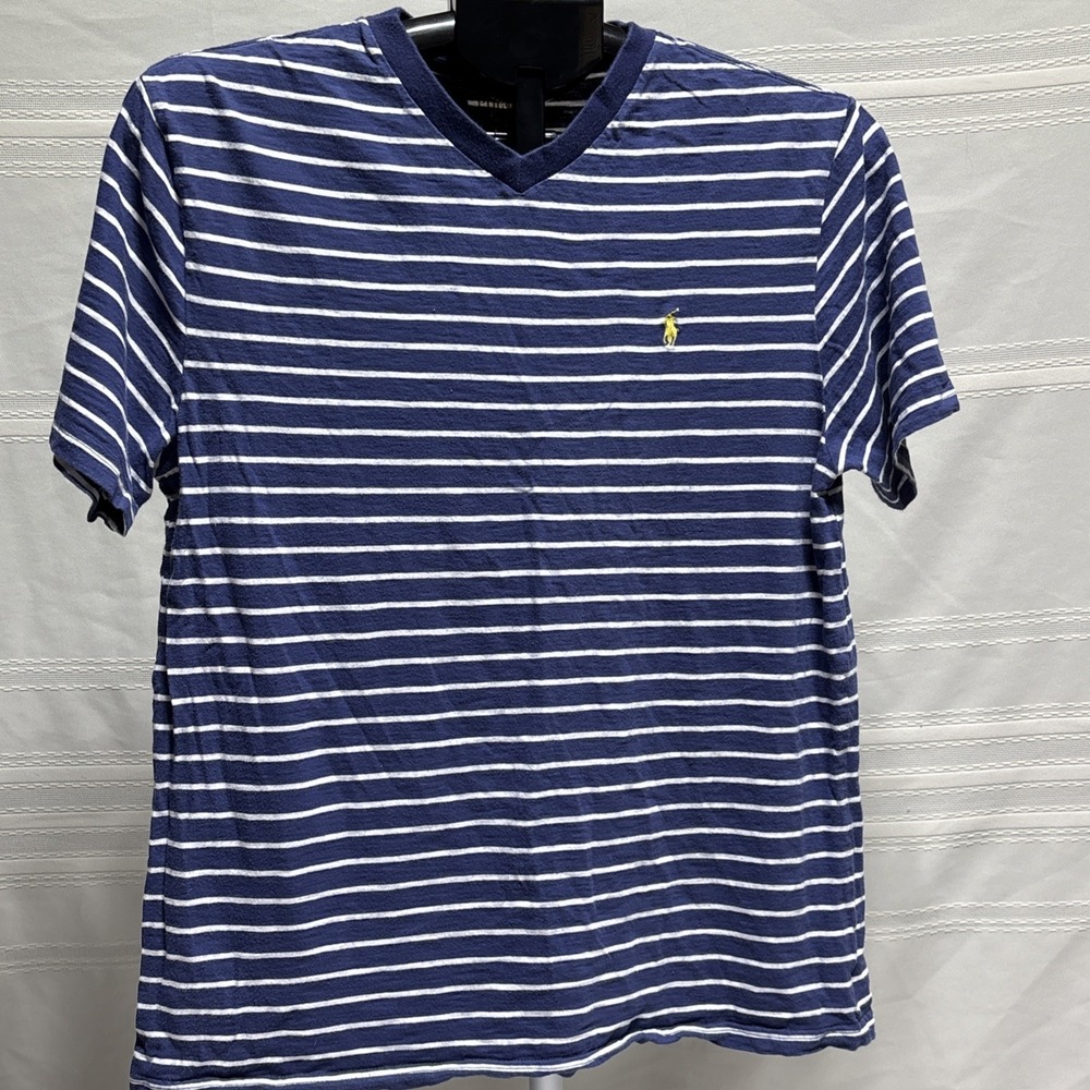 Kids Polo Ralph Lauren Shirt XL Blue/White Striped V Neck Short Sleeve Shirt